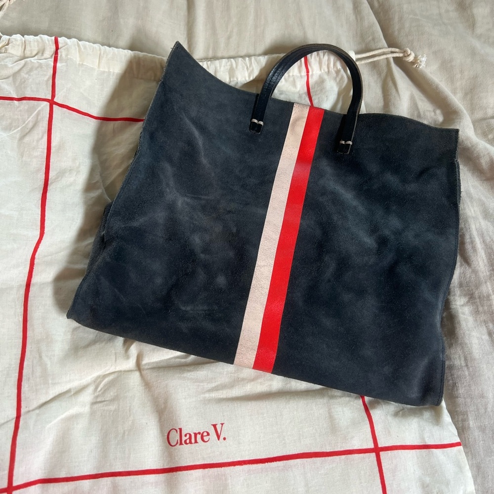 Clare V. Black Suede Tote with Red and Cream Center Stripe